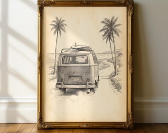 Wydruk z podróży samochodem kempingowym VW, szkic ołówkiem w stylu vintage, sztuka jazdy nad morzem, plakat z deską surfingową w vanie, dekoracja ścienna w stylu retro, droga na plażę