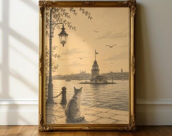 Maiden's Tower Istanbul Cat Print, Bosphorus Pencil Sketch Wall Art, Sepia Vintage Line Drawing Poster, Turkish Cityscape Home Decor Gift