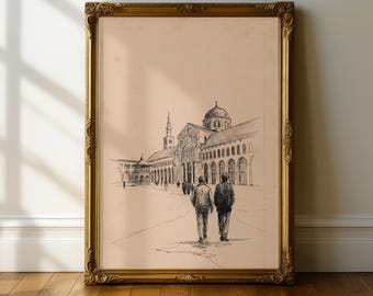 Umayyad Mosque Damascus Wall Art, Syria Ink Sketch Print, Old City Sepia Poster, Islamic Architecture Home Decor, Vintage Travel Lover Gift