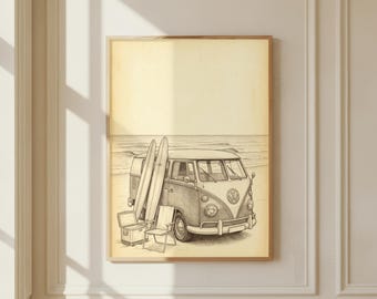 VW Camper Van Beach Vintage Ink Sketch Print, Retro Coastal Travel Art Poster, Van Life Wall Decor, Summer Road Trip Gift, Holiday Home