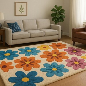 May include: A cream-colored area rug with a repeating pattern of large, colorful flowers. The flowers are in shades of blue, orange, yellow, and pink, with yellow centers. The rug is placed in a living room setting.