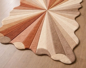 Irregular Tufted Sunburst Wool Area Rug, Beige Pink Terracotta Modern Carpet, Retro Living Room Mat, Luxury Handmade Custom Size Rug