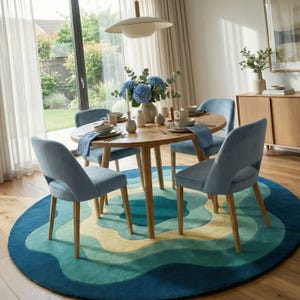 May include: A dining room set featuring a round wooden table with four light blue velvet chairs. The table is set with plates, bowls, and napkins. A blue and green wave-patterned rug sits beneath the table and chairs. A vase of blue flowers is in the center.
