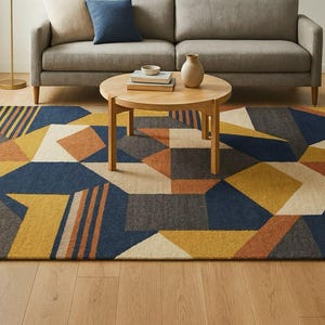 May include: Geometric patterned area rug in a living room setting. The rug features a design of angular shapes in navy blue, mustard yellow, orange, cream, and gray. A gray sofa, wooden coffee table, and chairs are also in the room.
