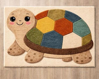 Hand Tufted Turtle Wool Rug, Cute Kids Animal Carpet Nursery & Playroom Floor Decor