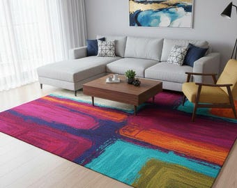 Alfombra abstracta tejida a mano, moderna y colorida alfombra de lana para sala de estar, dormitorio y decoración del hogar.