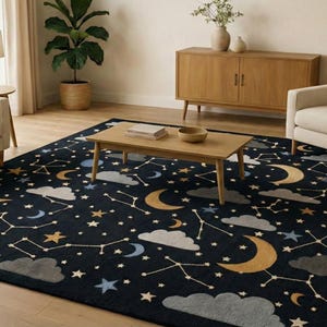 Hand-Tufted Wool Area Rug: Midnight Sky, Gold Moons, Starry Design