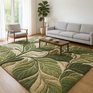 May include: A large, rectangular area rug with a leaf design in shades of green and beige. The rug is placed in a living room setting with a sofa, chair, and coffee table. The rug's dimensions are approximately 8 x 10 feet.