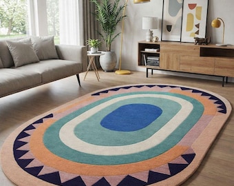Handgetufteter ovaler geometrischer Teppich, moderner mehrfarbiger Wollteppich für Wohnzimmer, Schlafzimmer und stilvolle Wohnkultur