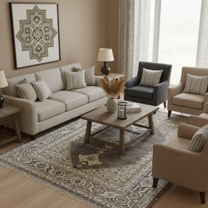 May include: A living room scene featuring a light-colored sofa, armchairs, and a wooden coffee table. A patterned rug in shades of gray and beige covers the floor. Decorative pillows and a framed artwork complete the cozy interior.