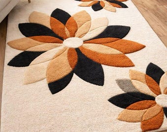 Hand Tufted Abstract Floral Rug in Rust Beige & Charcoal Wool, Contemporary Style Decor For Living Room Bedroom