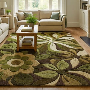 May include: A large area rug with a floral design in shades of green, brown, and beige. The rug features a detailed pattern of large flowers and leaves, adding a natural element to the living room.