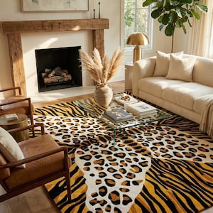 May include: A decorative area rug with a striking animal print design. The rug features a combination of leopard spots and tiger stripes in shades of brown, black, and cream. The rug is placed in a living room setting.