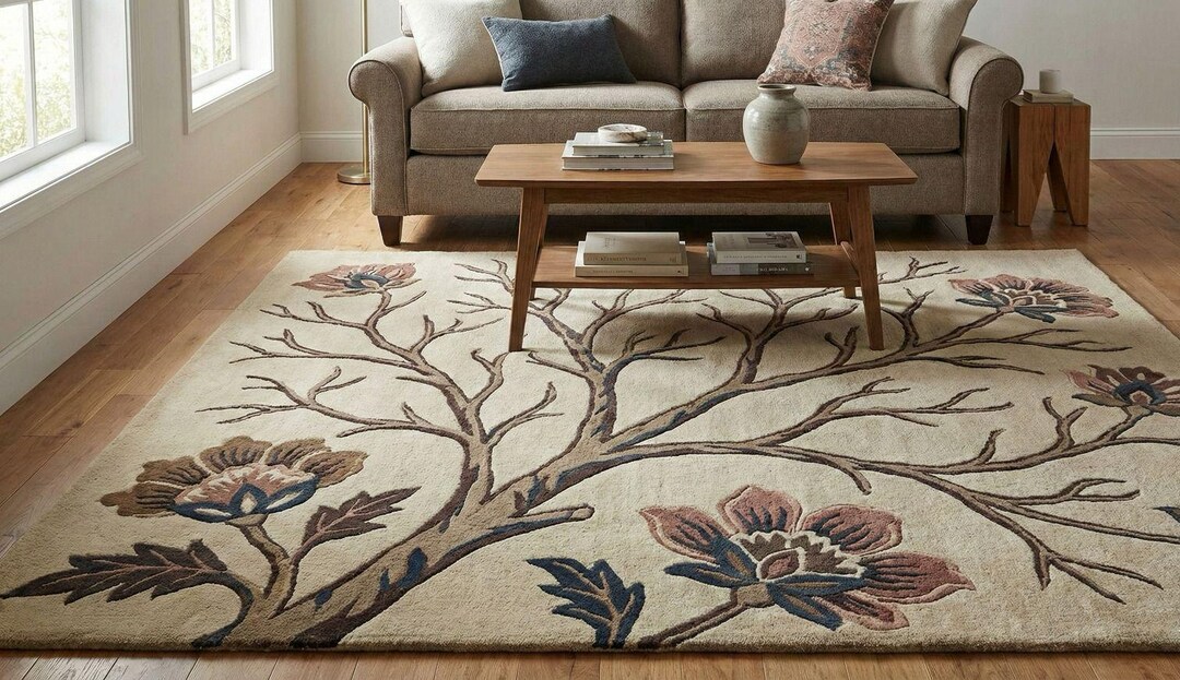 Hand Tufted Floral Tree Wool Rug – Beige Botanical Area Carpet for ...