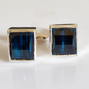 Blue Pixel-Cut CZ Cufflinks | Sterling Silver Bezel, Modern Gift