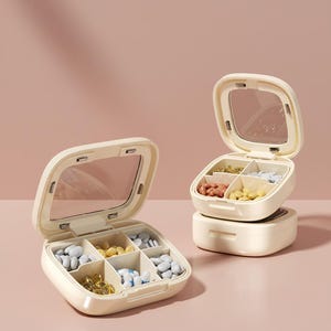 Può includere: Due portapillole color crema con coperchi trasparenti sono aperti, rivelando varie pillole e capsule in scomparti separati. I portapillole sono su una superficie rosa, mostrando una soluzione di stoccaggio pulita e organizzata.