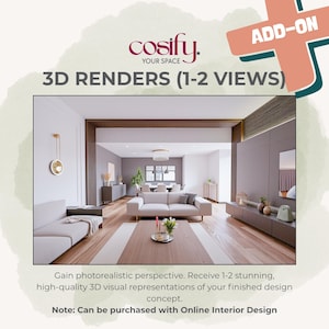 May include: An interior design rendering showcases a modern living room with a light color palette. The image features a sofa, coffee table, and a view into another room. Text on the image reads "3D Renders (1-2 Views)" and "Add-on". The Cosify logo is also visible.