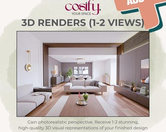 Puede incluir: Una representación 3D de diseño de interiores muestra una sala de estar moderna con una paleta de colores claros. La imagen presenta un sofá, una mesa de centro y una vista a otra habitación. El texto en la imagen dice "3D Renders (1-2 Views)" y "Add-on". El logotipo de Cosify también es visible.