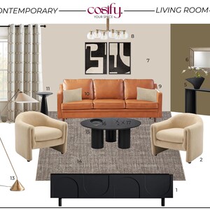 May include: A contemporary living room design featuring a brown leather sofa, two beige armchairs, and a black coffee table. The room includes a black console table, a patterned rug, and a gold floor lamp. The walls are neutral with abstract art.