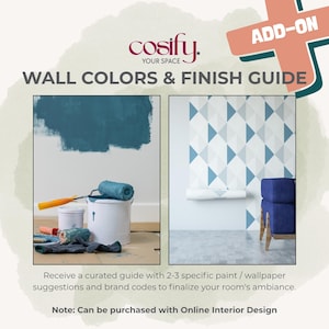 May include: An image promoting a wall colours and finish guide. The image features two sections: one with paint supplies and a painted wall, and another with wallpaper and a blue chair. The text includes "cosify. YOUR SPACE" and "WALL COLORS & FINISH GUIDE."