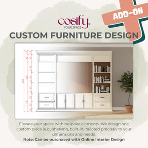 以下が含まれることがあります： カスタム家具デザインのイラスト。寸法はセンチメートルで表示。棚、引き出し、中央のオープンスペースを備えた作り付けのキャビネットのデザイン。テキストには「Custom Furniture Design」と「Add-On」と記載されています。