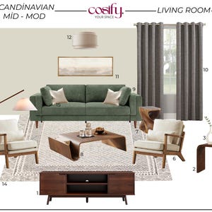May include: A living room scene with Scandinavian Mid-Mod design. Features a green sofa, two armchairs, a coffee table, a TV stand, a floor lamp, and a rug. The color palette includes shades of green, brown, and cream.