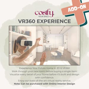 May include: A woman wearing a VR headset, interacting with a virtual home environment. The image includes the text "VR360 EXPERIENCE" and "cosify. YOUR SPACE". The scene shows a modern living space with furniture and decor.