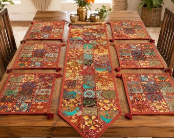 Antique Kambadiya Table Runner 6 Placemats Set, Handmade Vintage Banjara Embroidered Dining Table Linen, Boho Table Decor, Housewarming Gift