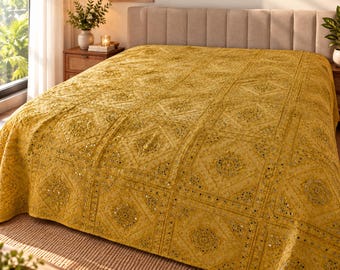 Handmade Embroidery Mirror Work Double Bedspread | Boho Cotton Bedcover 90x108 Inches | Indian Embroidered Bed Cover