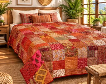 Handmade Silk Patola Patchwork Double Bedspread | Vintage Kantha Stitched Bed Cover 90x108 Inches | Red Multicolor