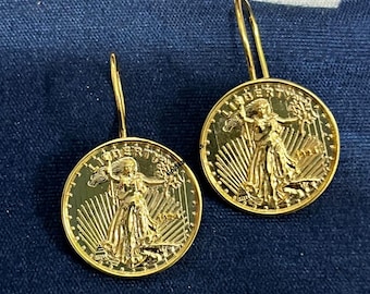 Liberty Münzenohrringe: 14 Karat Gelbgold plattiert, Vintage, Art Deco American Liberty Schmuck