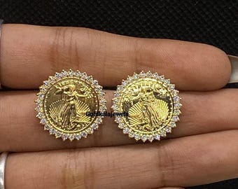 Art Deco Liberty Münze Ohrstecker: 14k Gelbgold vergoldet, 925 Sterling Silber