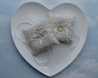 2 LINEN wedding ring pillows, Pair MINI ring cushions