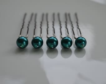 DARK TEAL GREEN hair accessories, Pearl hair pins