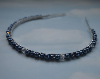 BLUE hairband, NAVY BLUE pearl headband