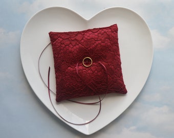 DARK RED wedding ring pillow, BURGUNDY ring cushion