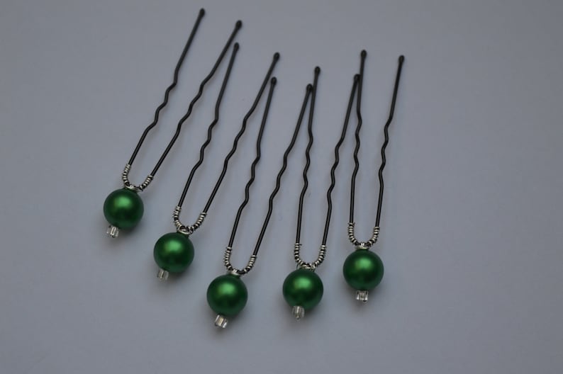BRIGHT GREEN pearl hair pins 5 Pins