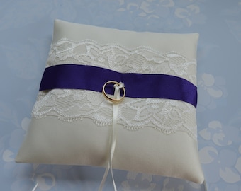 PURPLE & IVORY wedding ring pillow, Ring cushion