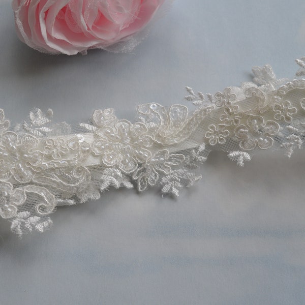 LIGHT IVORY beaded lace wedding garter, Bridal garter
