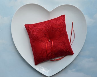 RED lace wedding ring pillow, Ring cushion