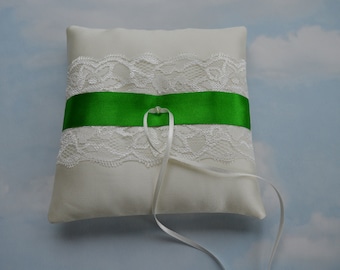 Wedding ring cushion, IVORY & GREEN ring pillow