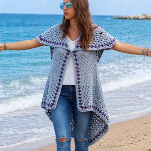 Chaleco largo de ganchillo Patrón de chaleco de ganchillo bohemio Chaleco hippie Chaleco con cuello Patrón de chaleco para mujer Bolero Cárdigan Suéter Chal