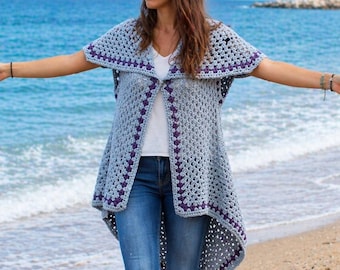Long  Vest Crochet Vest Pattern Boho Crochet Vest Hippie Vest Collared vest Vest Pattern for women  Shrug Cardigan Sweater Shawl