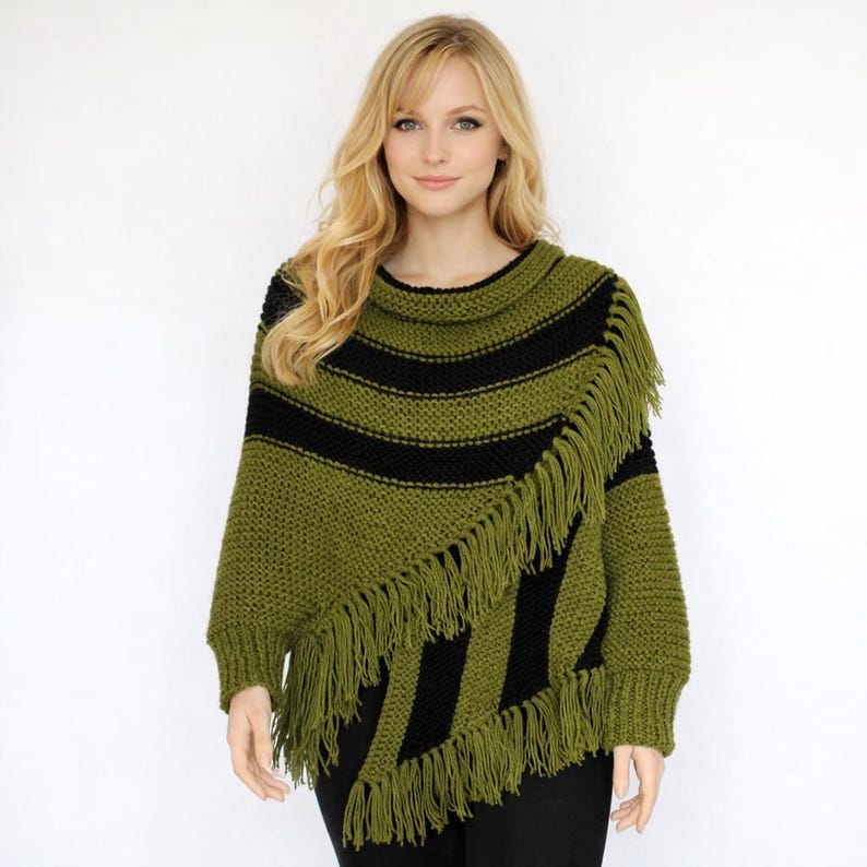 Knitted Sleeved Poncho Pattern, Fringe Poncho Knitting PDF, Womens Striped Garter Stitch Wrap, Easy One Size Boho Knit Pattern image 4