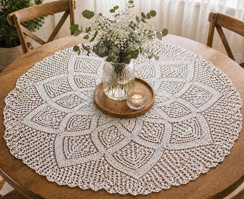 May include: A cream-coloured, circular lace tablecloth with a detailed floral pattern is displayed on a wooden table. A glass vase with white flowers, a wooden tray, and a lit candle are centered. Two wooden chairs are visible in the background.