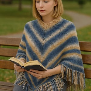 Knit Poncho Pattern PDF Striped Cape Knitting Tutorial Cozy Winter Poncho Pattern Easy Shoulder Cover Up Shawl Pattern for Women Beginners