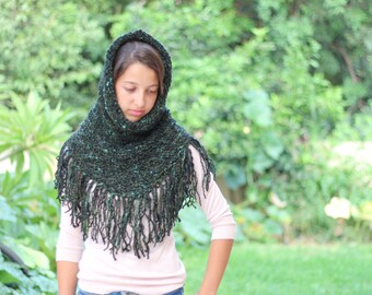 Black Green Hood Scarf PDF Pattern, Hand knit hood scarf Pattern,