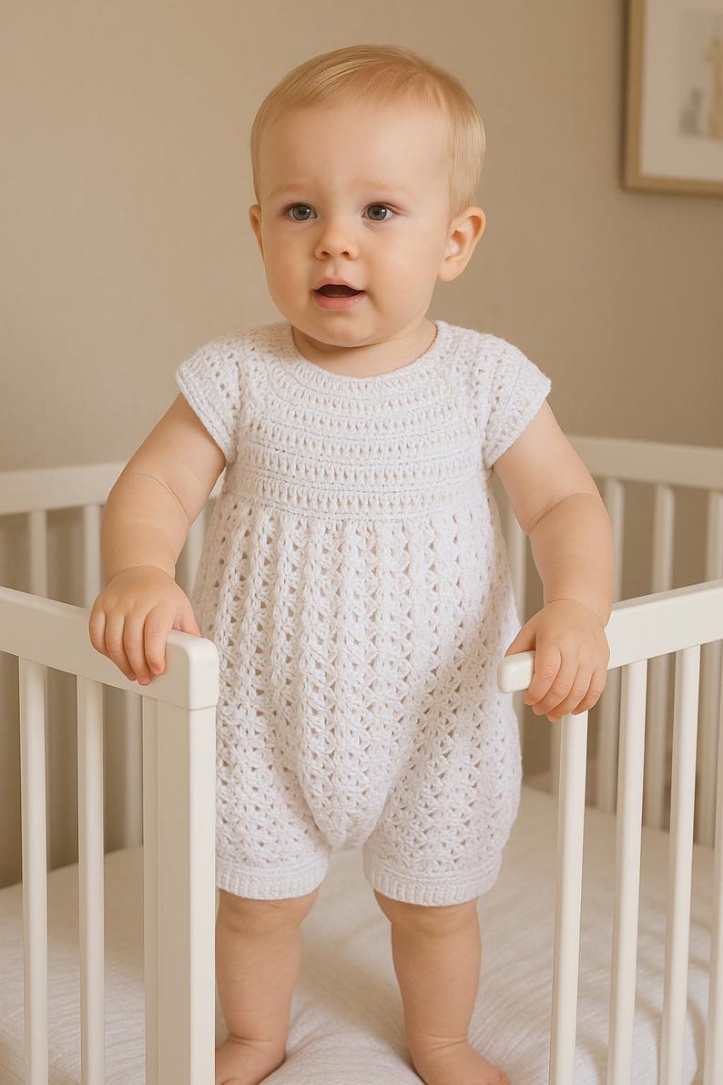 Baby Romper Crochet Pattern PDF Overall Shorties Pattern for Babies 6 to 18 Months Easy Baby Dungaree Tutorial Summer Baby Outfit Pattern image 1