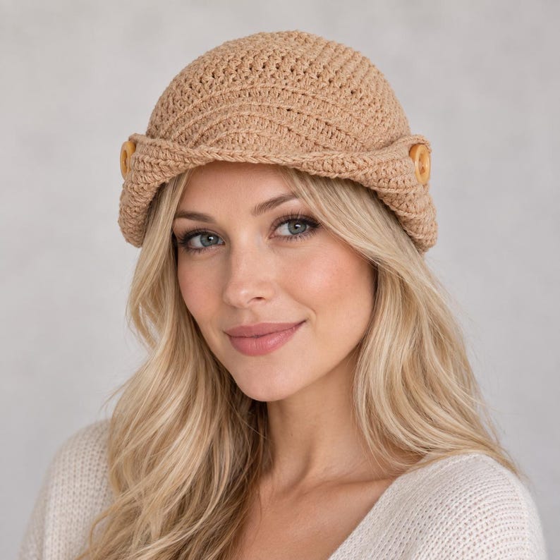 May include: A tan crocheted newsboy cap featuring a structured brim and two light-colored wooden buttons attached to the sides. The hat is crafted with a textured, woven yarn pattern and has a folded brim design that sits across the front.