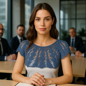 Può includere: Una donna in un contesto aziendale indossa un top blu all'uncinetto con un design traforato dettagliato sopra una camicetta bianca. Diversi uomini in giacca e cravatta sono seduti a un tavolo sullo sfondo.